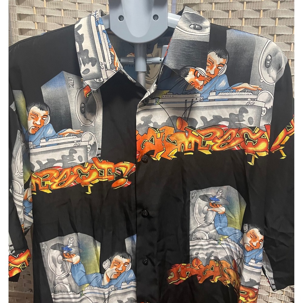 Up Rock Mens XL DJ Graffiti All Over Print Button Down Shirt Short Sleeve Black - Picture 2 of 7